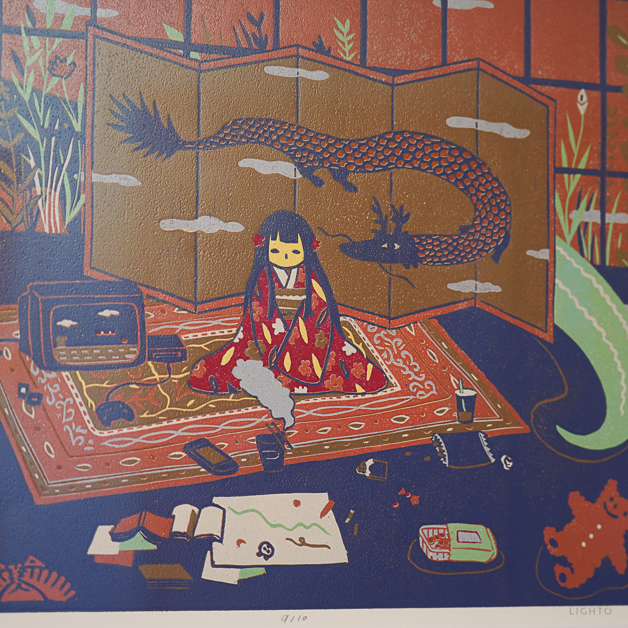 Room by XINs, a horizontal limited-edition artwork featuring figures and characters, in red / orange tones.