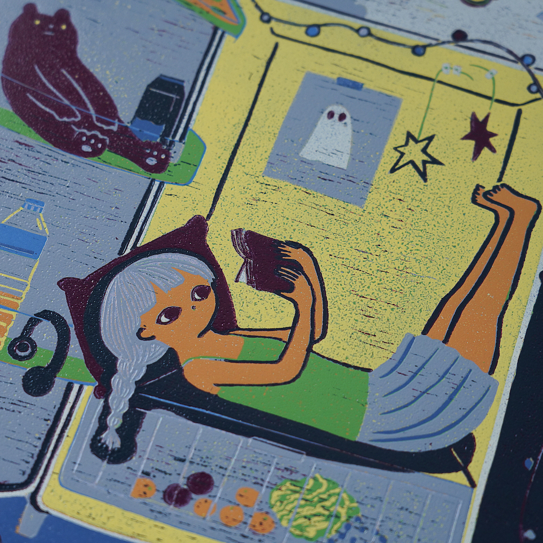 Air Conditioning On by XINs, a vertical limited-edition artwork featuring figures and characters, in multicoloured and yellow / green tones.
