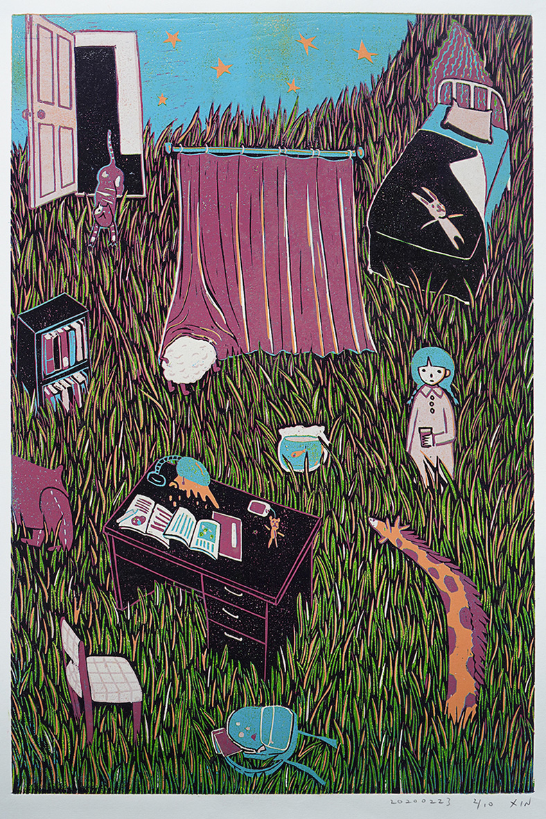 蔡詠欣 XINs《原作版畫 · 草的房間 Grass Room》：人物與角色題材，直幅限量作品。