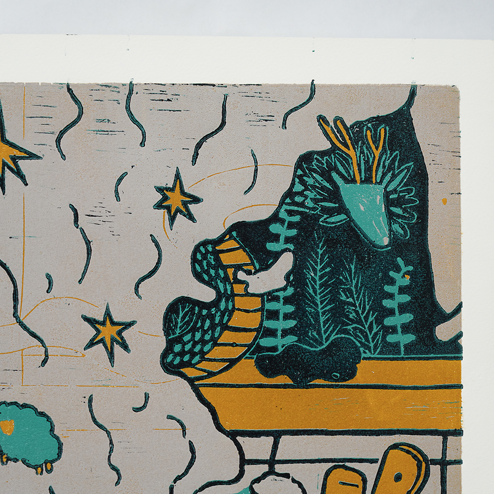 Kitchen Sink (Triptych) by XINs, a horizontal limited-edition artwork featuring figures and characters, in red / orange and multicoloured and blue / purple tones.