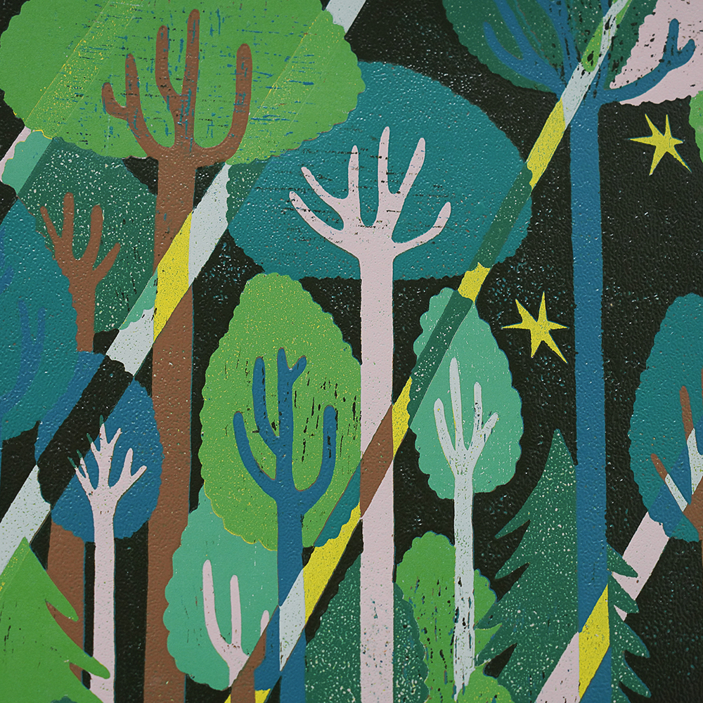 Forest Green by XINs, a vertical limited-edition artwork featuring figures and characters, in green tones.
