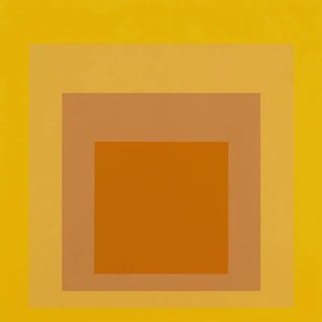Josef Albers《Homage to the Square(Sunny Days)》：黃與紅／橘色調，抽象線條題材，方形藝術掛畫。