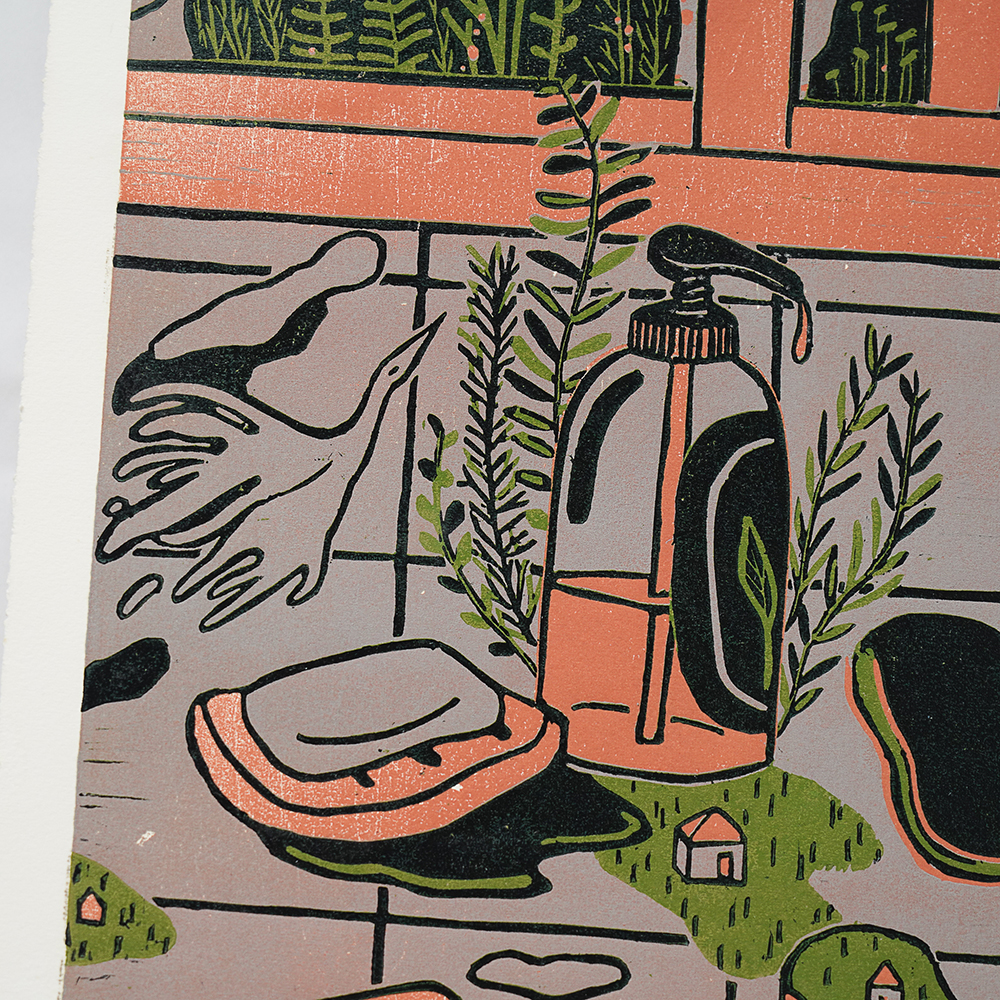 Kitchen Sink (Triptych) by XINs, a horizontal limited-edition artwork featuring figures and characters, in red / orange and multicoloured and blue / purple tones.