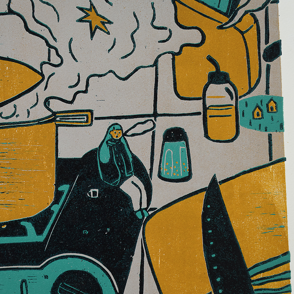 Kitchen Sink (Triptych) by XINs, a horizontal limited-edition artwork featuring figures and characters, in red / orange and multicoloured and blue / purple tones.