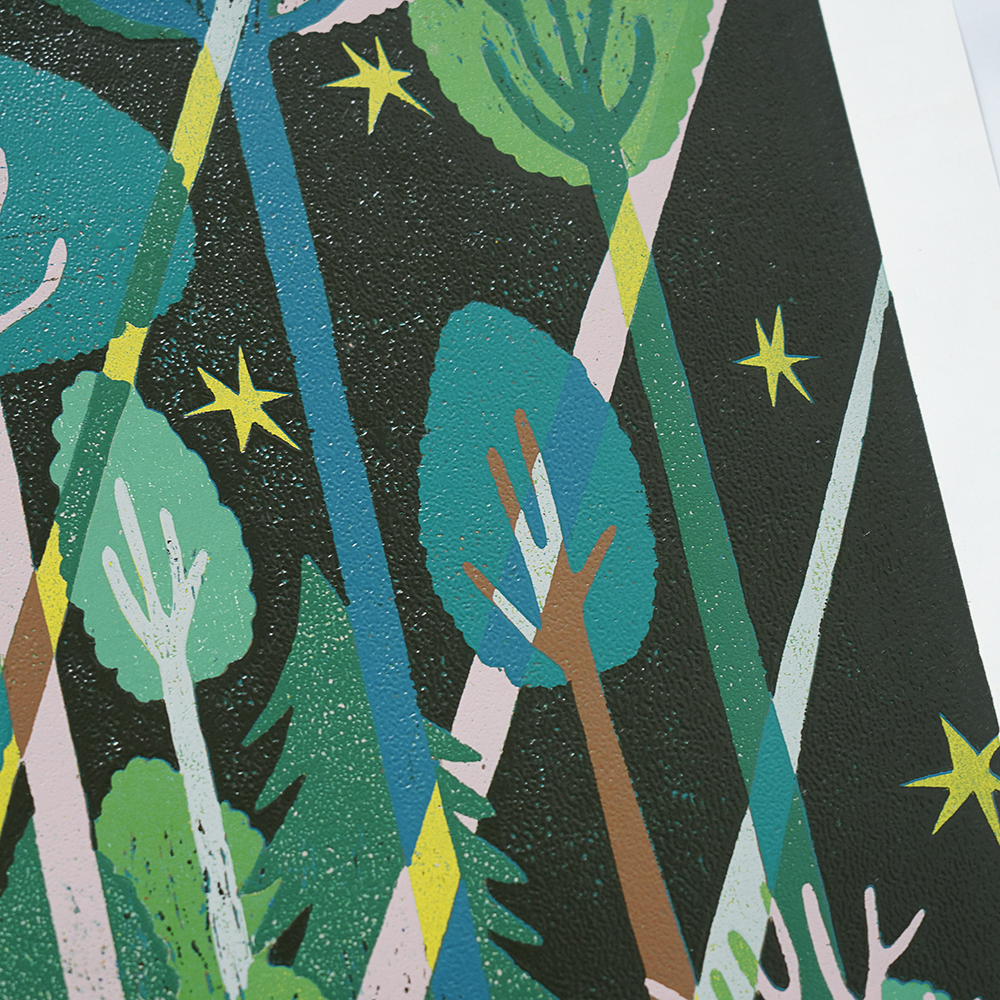 Forest Green by XINs, a vertical limited-edition artwork featuring figures and characters, in green tones.