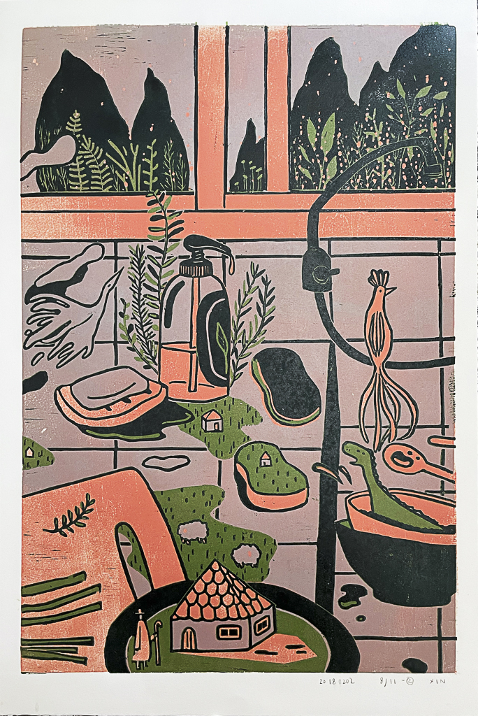 Kitchen Sink (Triptych) by XINs, a horizontal limited-edition artwork featuring figures and characters, in red / orange and multicoloured and blue / purple tones.