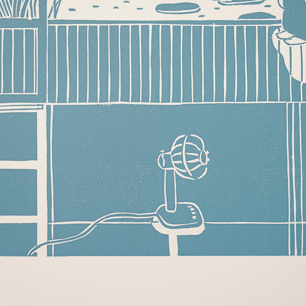 Summer Yard by XINs, a horizontal limited-edition artwork featuring figures and characters, in teal tones.