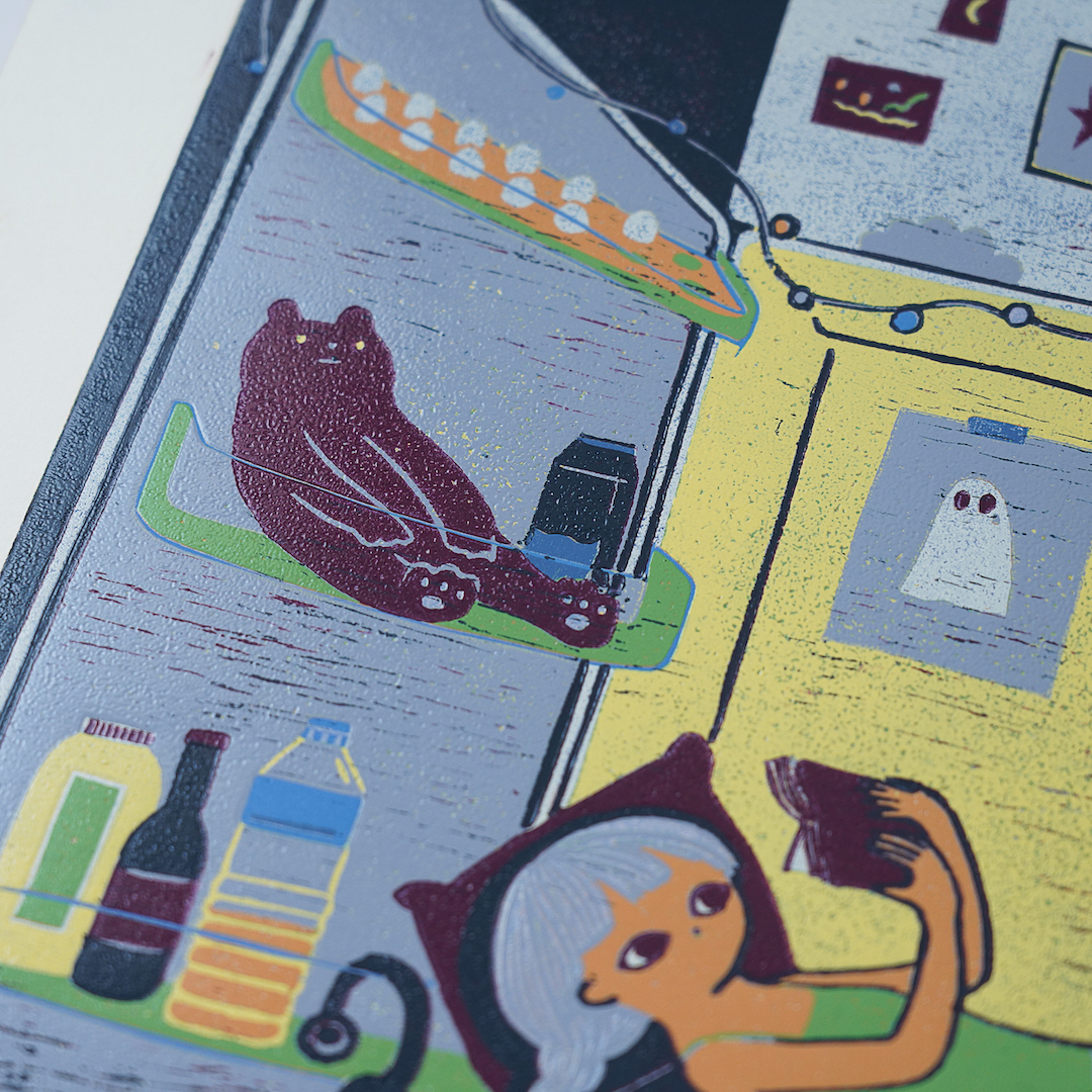 Air Conditioning On by XINs, a vertical limited-edition artwork featuring figures and characters, in multicoloured and yellow / green tones.