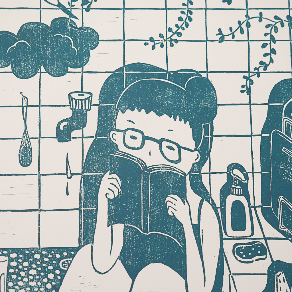 蔡詠欣 XINs《原作版畫 · 在家的日子 水槽 sink》：藍綠色調，人物與角色題材，直幅限量作品。