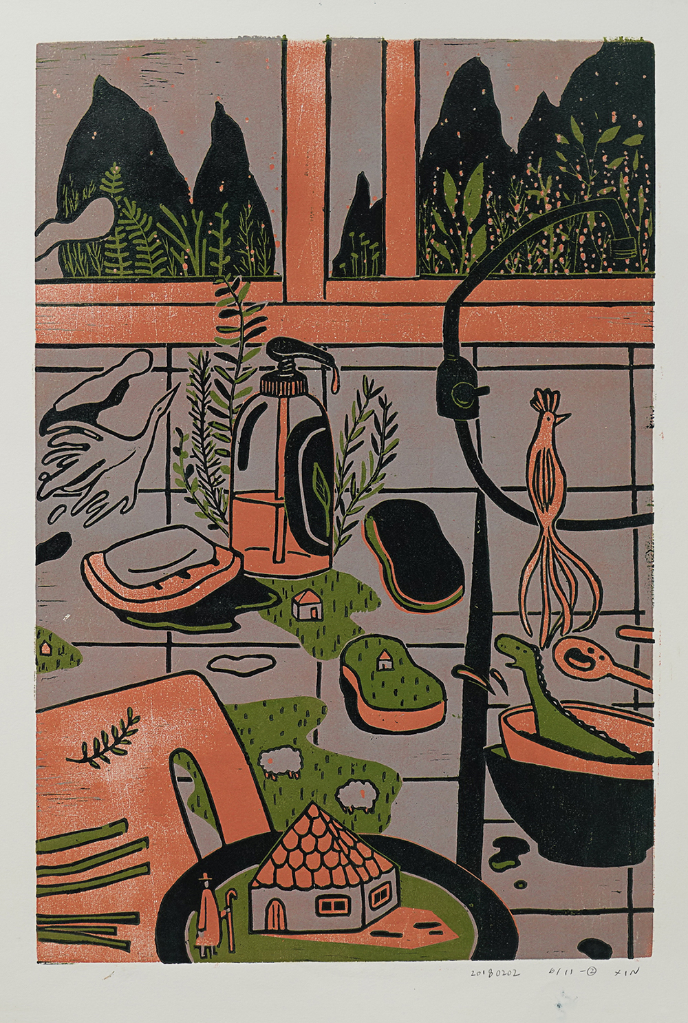 Kitchen Sink (Triptych) by XINs, a horizontal limited-edition artwork featuring figures and characters, in red / orange and multicoloured and blue / purple tones.