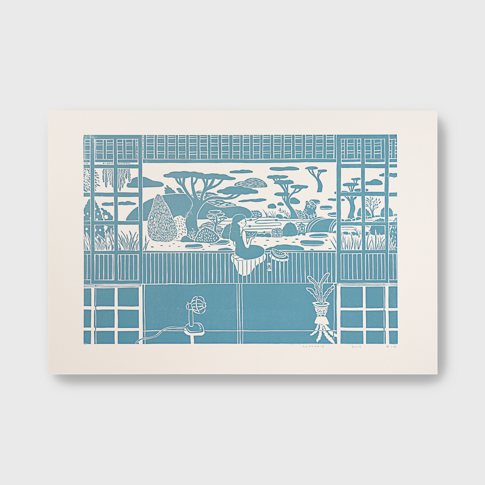 Summer Yard by XINs, a horizontal limited-edition artwork featuring figures and characters, in teal tones.