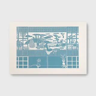 蔡詠欣 XINs《版畫 · 夏日庭園 Summer Yard》：藍綠色調，建築與物件與角色題材，橫幅限量作品。