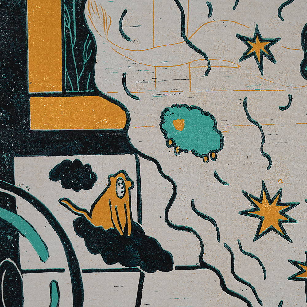 Kitchen Sink (Triptych) by XINs, a horizontal limited-edition artwork featuring figures and characters, in red / orange and multicoloured and blue / purple tones.