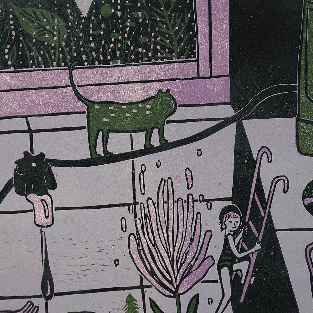 Kitchen Sink (Triptych) by XINs, a horizontal limited-edition artwork featuring figures and characters, in red / orange and multicoloured and blue / purple tones.