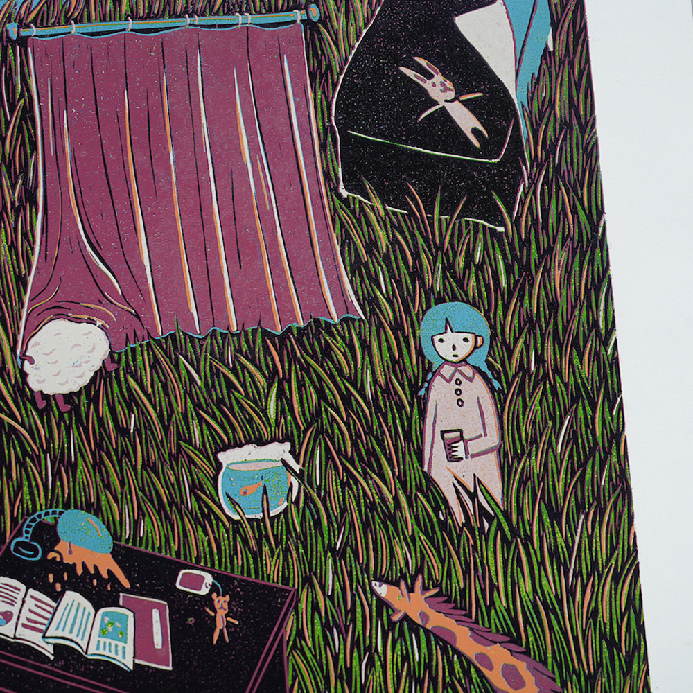 蔡詠欣 XINs《原作版畫 · 草的房間 Grass Room》：人物與角色題材，直幅限量作品。