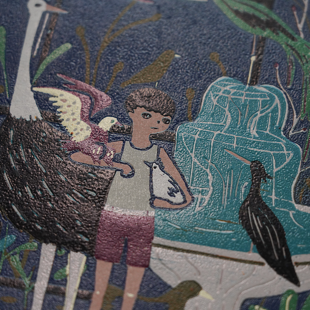 蔡詠欣 XINs《原作版畫 · 鳥園 Bird Park》：藍／紫色調，人物與角色題材，直幅限量作品。