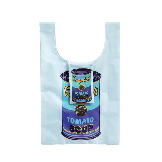 Campbell's Soup, Blue — Nylon Shopping Bag by Andy Warhol, an artist-designed object featuring graffiti and pop art and flowers and still life, in blue and red / orange tones. Cover image.
