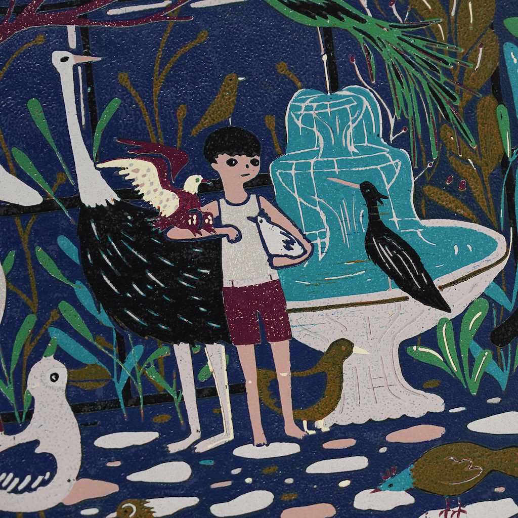 蔡詠欣 XINs《原作版畫 · 鳥園 Bird Park》：藍／紫色調，人物與角色題材，直幅限量作品。