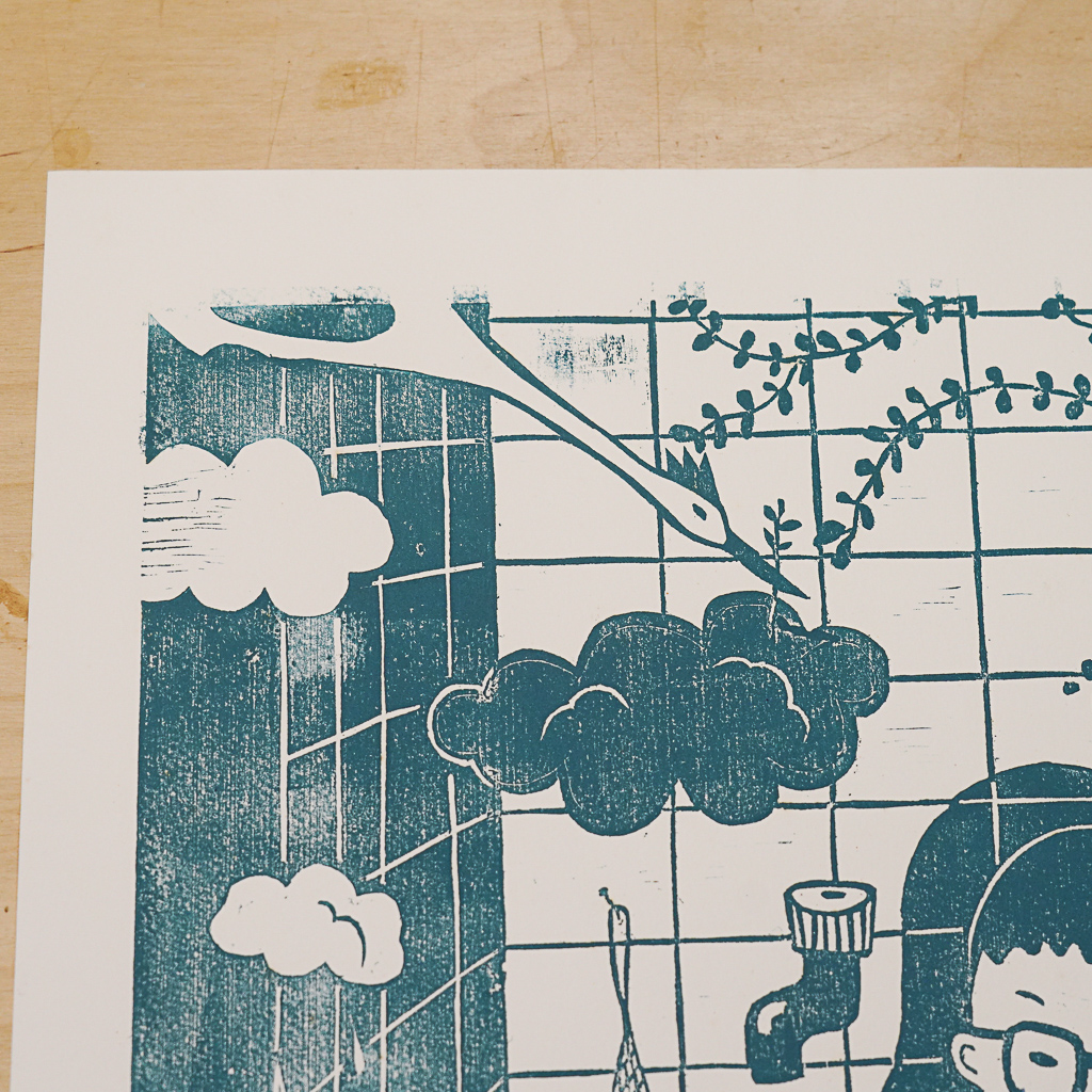 蔡詠欣 XINs《原作版畫 · 在家的日子 水槽 sink》：藍綠色調，人物與角色題材，直幅限量作品。