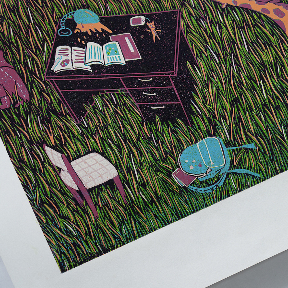 蔡詠欣 XINs《原作版畫 · 草的房間 Grass Room》：人物與角色題材，直幅限量作品。