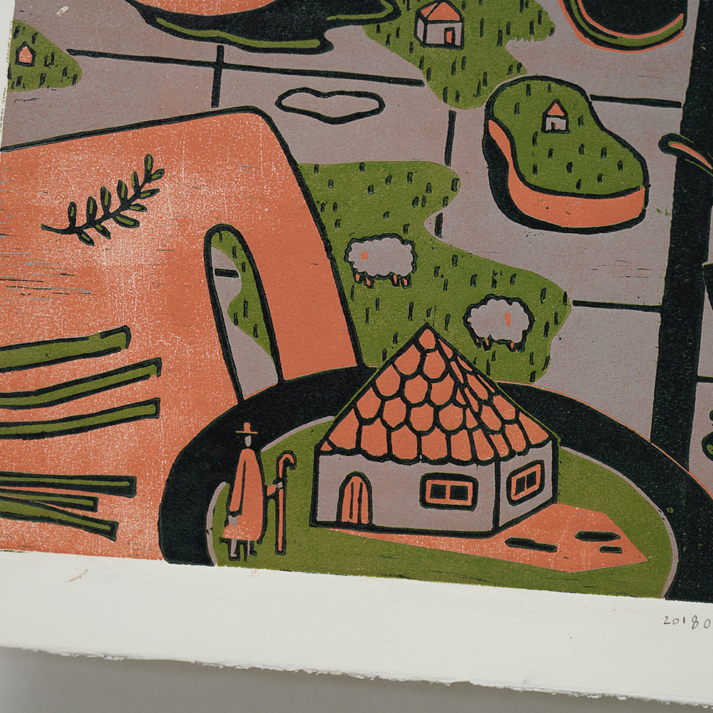 Kitchen Sink (Triptych) by XINs, a horizontal limited-edition artwork featuring figures and characters, in red / orange and multicoloured and blue / purple tones.