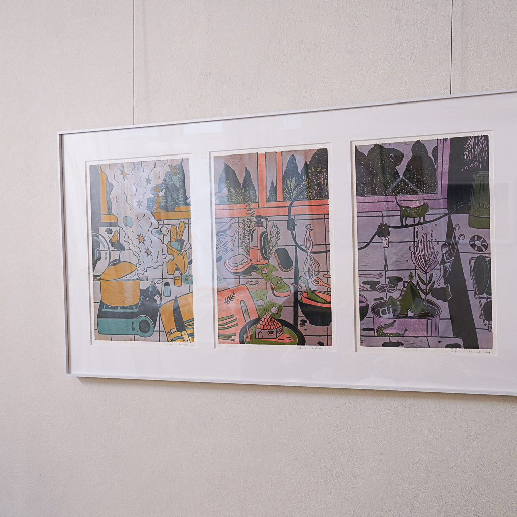Kitchen Sink (Triptych) by XINs, a horizontal limited-edition artwork featuring figures and characters, in red / orange and multicoloured and blue / purple tones.