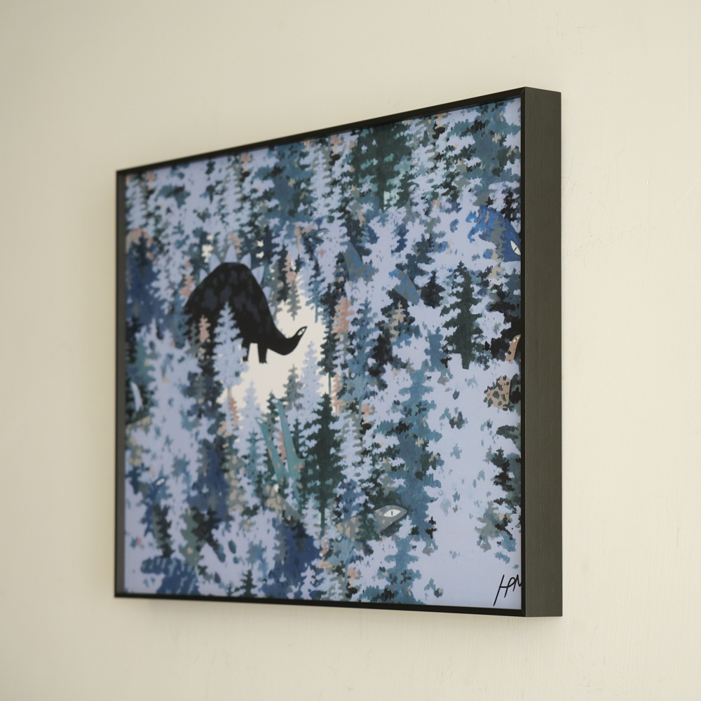 Landscape - Blue Dinosaur by HOM, an art print featuring animals and natural landscapes, in blue and cream / brown tones.