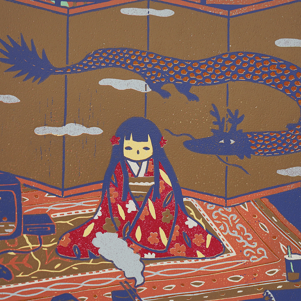 Room by XINs, a horizontal limited-edition artwork featuring figures and characters, in red / orange tones.