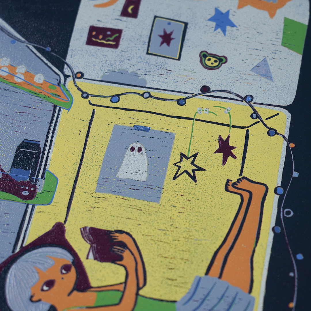 Air Conditioning On by XINs, a vertical limited-edition artwork featuring figures and characters, in multicoloured and yellow / green tones.