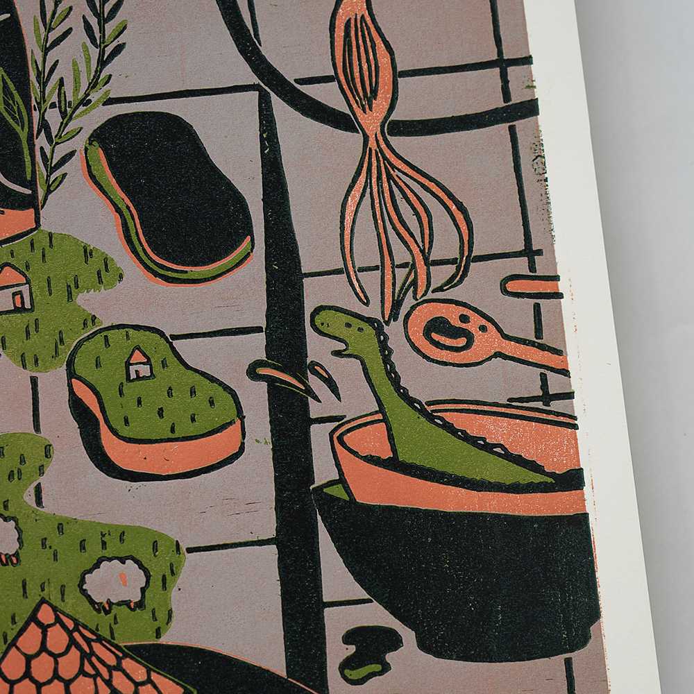 Kitchen Sink (Triptych) by XINs, a horizontal limited-edition artwork featuring figures and characters, in red / orange and multicoloured and blue / purple tones.