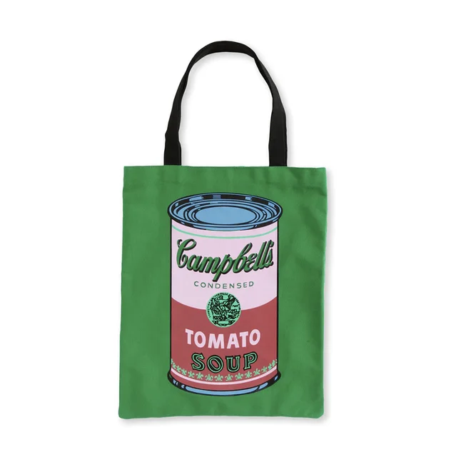 Canvas Tote - Compaq Soup (Green) by Andy Warhol, an artist-designed object featuring graffiti and pop art and flowers and still life, in green tones. Cover image.