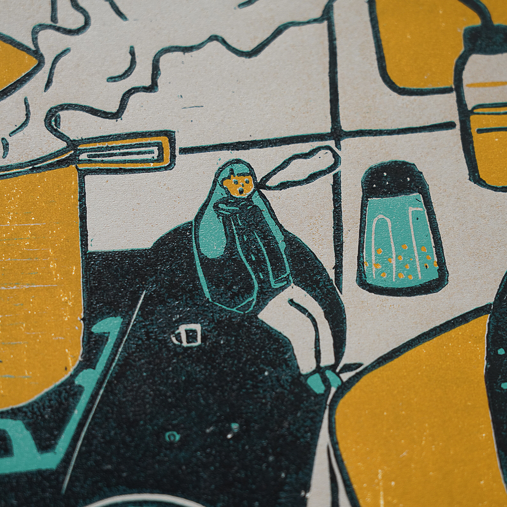 Kitchen Sink (Triptych) by XINs, a horizontal limited-edition artwork featuring figures and characters, in red / orange and multicoloured and blue / purple tones.