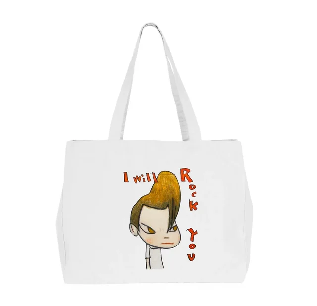 Rock You! TOTE Bag by Yoshitomo Nara, an artist-designed object featuring characters, in black and white and red / orange tones. Artwork image.