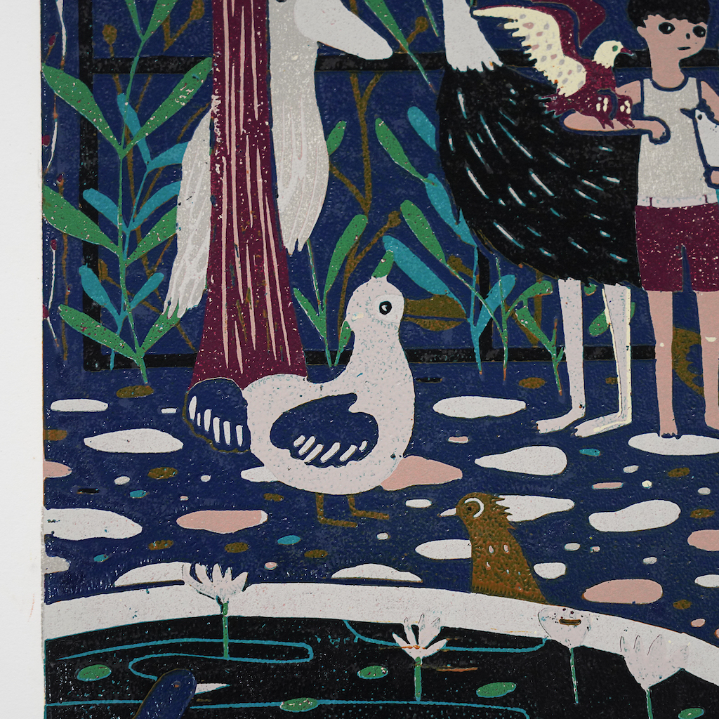 蔡詠欣 XINs《原作版畫 · 鳥園 Bird Park》：藍／紫色調，人物與角色題材，直幅限量作品。