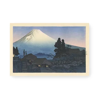 高橋松亭 Takahashi Shōtei《來自水窪的富士山》：藍色調，自然風景與日本版畫題材，橫幅藝術掛畫。