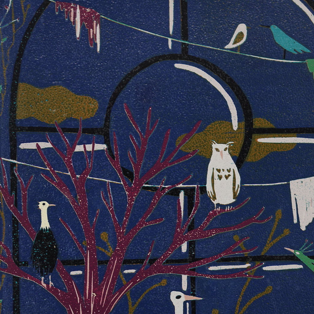 蔡詠欣 XINs《原作版畫 · 鳥園 Bird Park》：藍／紫色調，人物與角色題材，直幅限量作品。