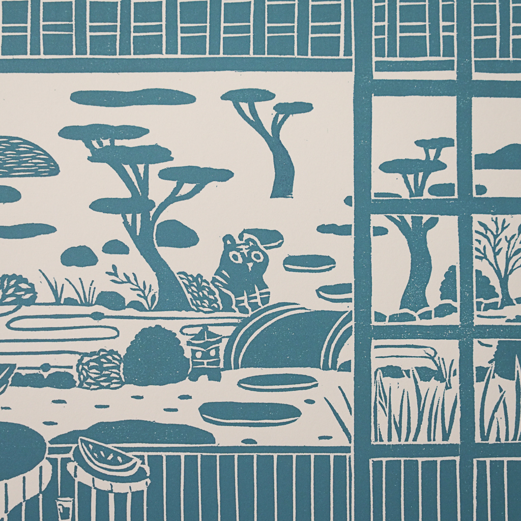 Summer Yard by XINs, a horizontal limited-edition artwork featuring figures and characters, in teal tones.