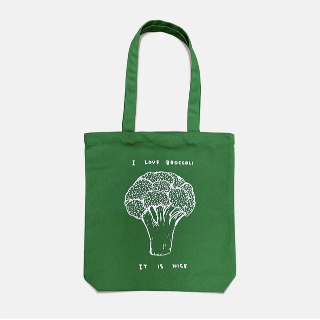 Handbag I Love Broccoli by David Shrigley, an artist-designed object featuring flowers and still life, in green tones. Artwork image.