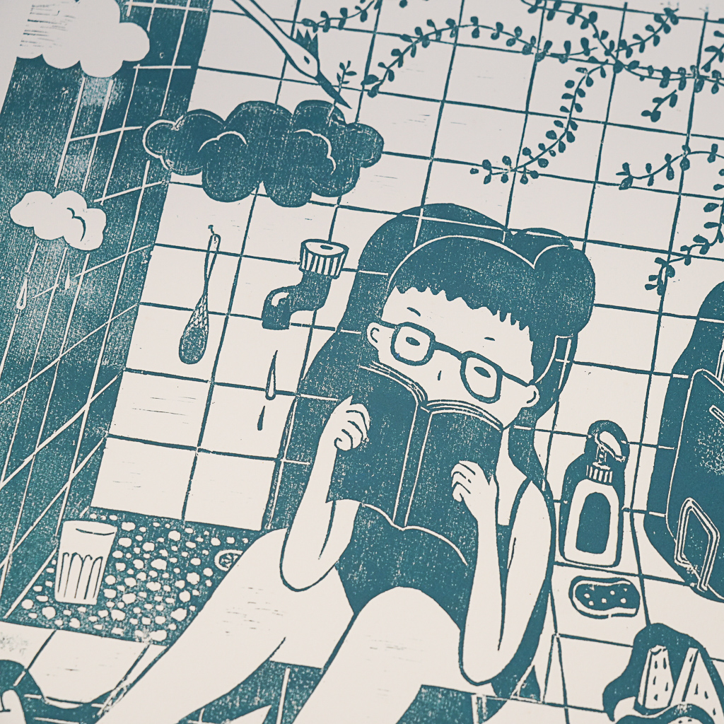 蔡詠欣 XINs《原作版畫 · 在家的日子 水槽 sink》：藍綠色調，人物與角色題材，直幅限量作品。