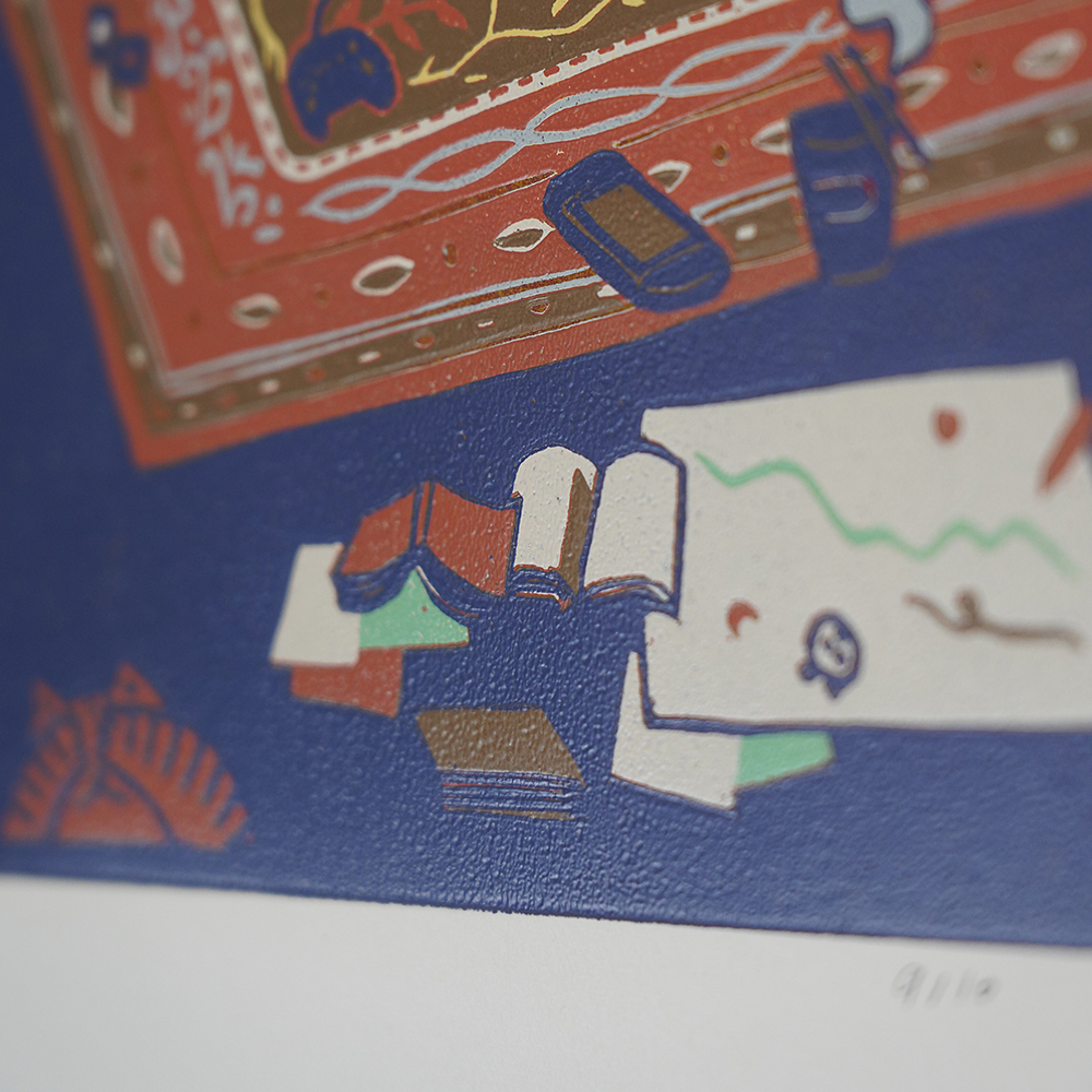 Room by XINs, a horizontal limited-edition artwork featuring figures and characters, in red / orange tones.
