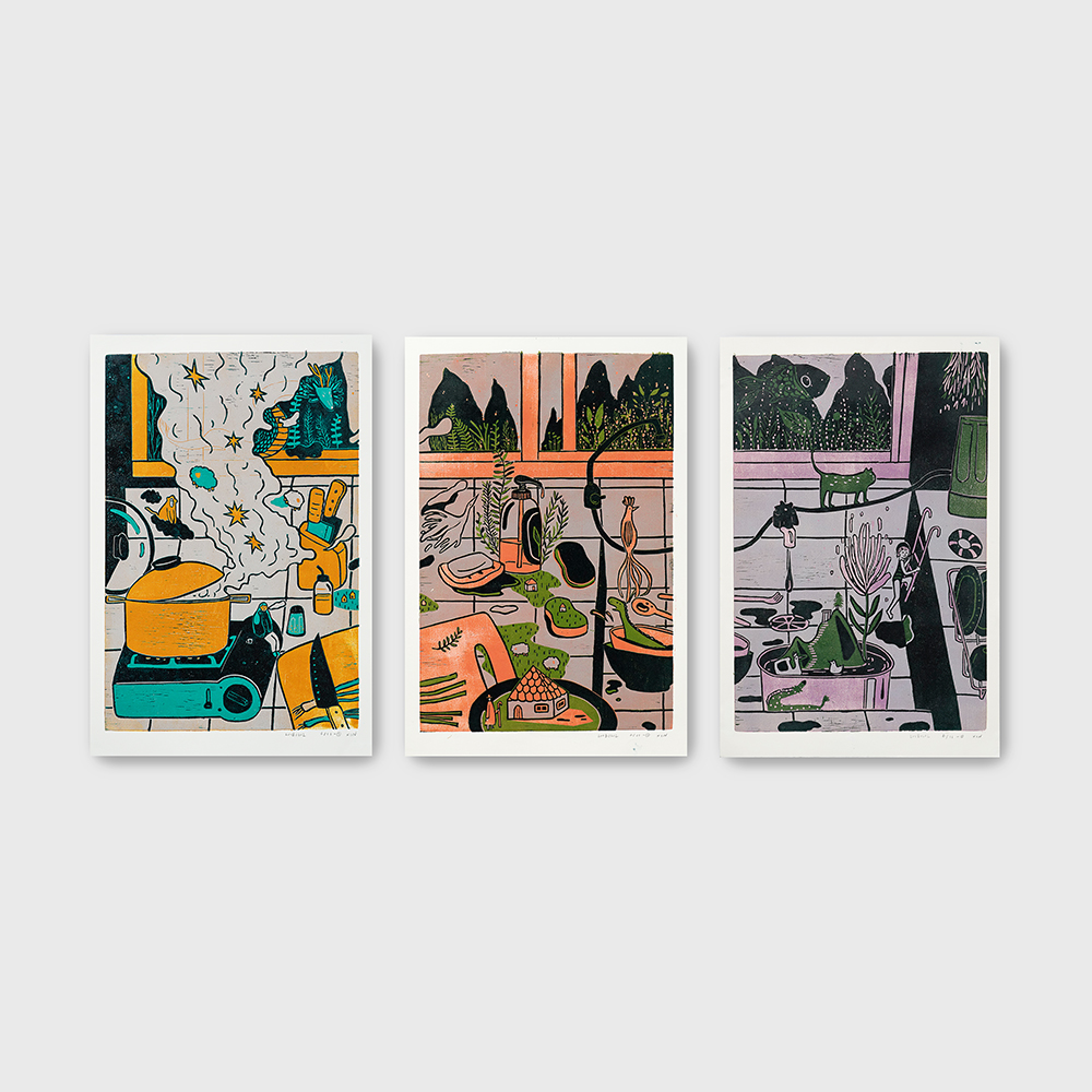 Kitchen Sink (Triptych) by XINs, a horizontal limited-edition artwork featuring figures and characters, in red / orange and multicoloured and blue / purple tones.