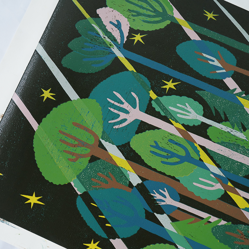 Forest Green by XINs, a vertical limited-edition artwork featuring figures and characters, in green tones.