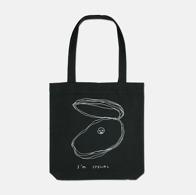 I'm Special Tote Bag by David Shrigley, an artist-designed object featuring flowers and still life, in black and white tones. Cover image.