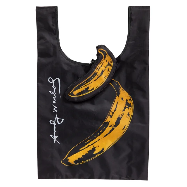 Banana - Nylon Shopping Bag by Andy Warhol, an artist-designed object featuring graffiti and pop art and flowers and still life, in black and white and yellow tones. Cover image.