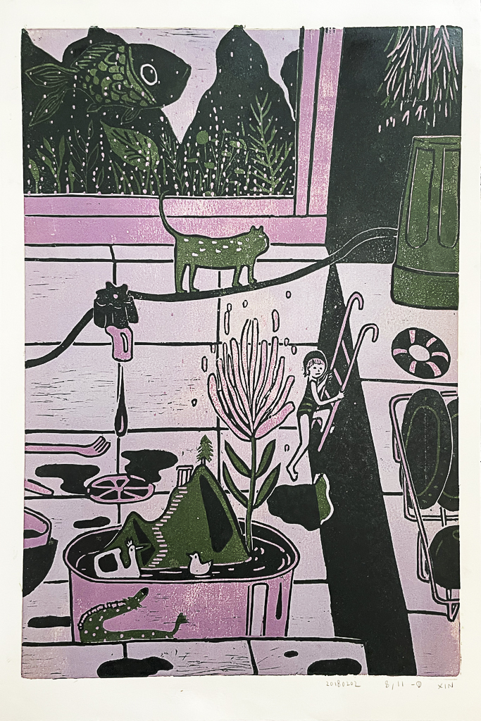 Kitchen Sink (Triptych) by XINs, a horizontal limited-edition artwork featuring figures and characters, in red / orange and multicoloured and blue / purple tones.