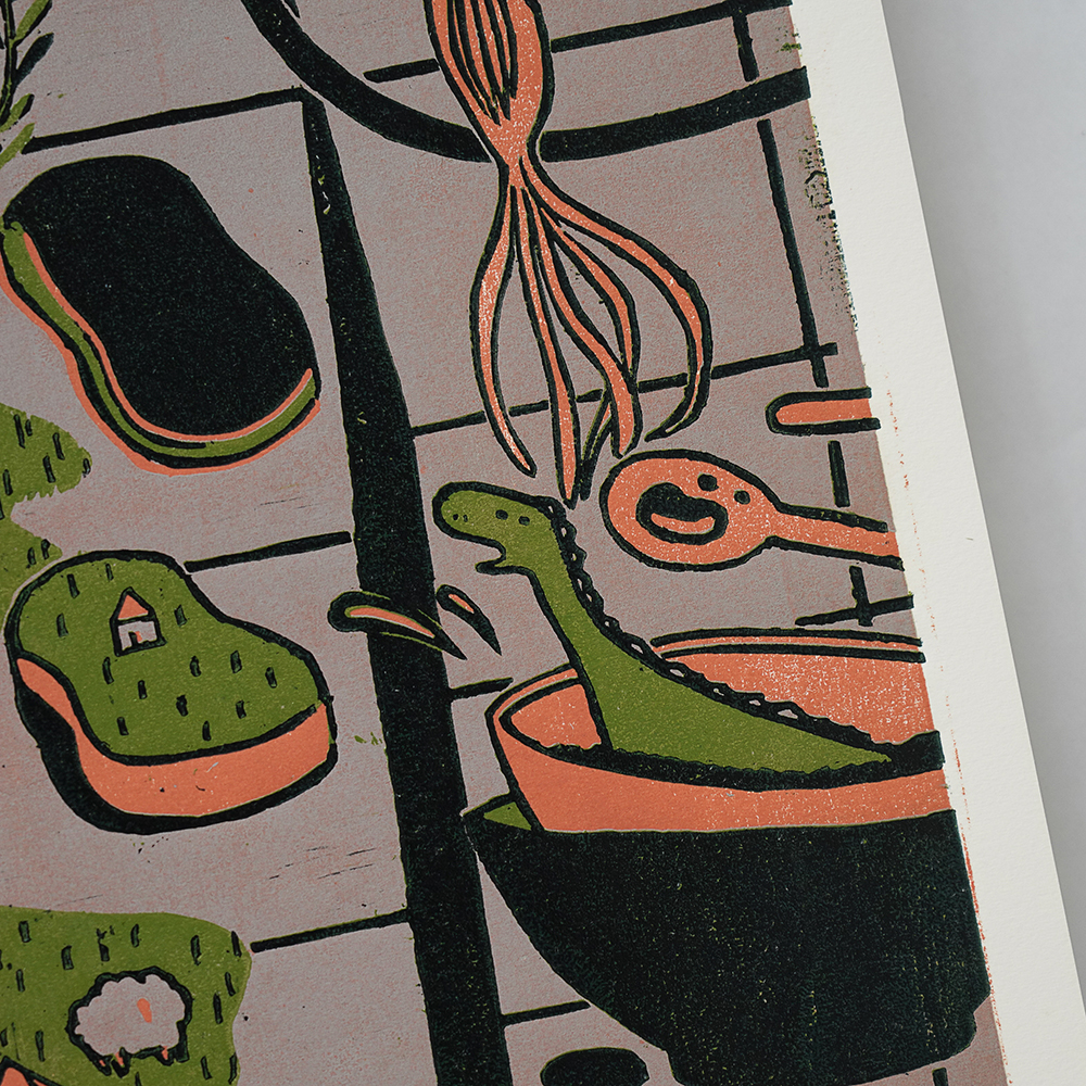 Kitchen Sink (Triptych) by XINs, a horizontal limited-edition artwork featuring figures and characters, in red / orange and multicoloured and blue / purple tones.