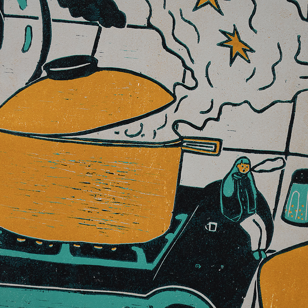 Kitchen Sink (Triptych) by XINs, a horizontal limited-edition artwork featuring figures and characters, in red / orange and multicoloured and blue / purple tones.
