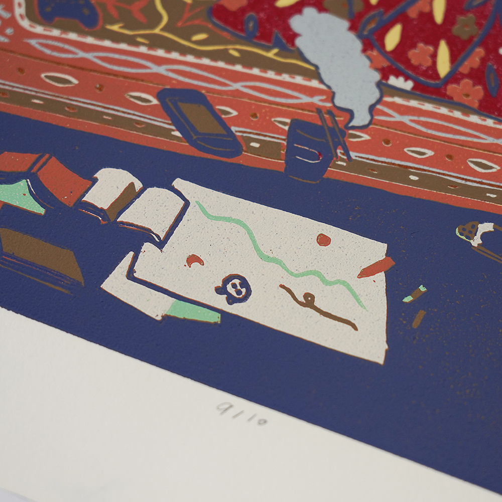 Room by XINs, a horizontal limited-edition artwork featuring figures and characters, in red / orange tones.