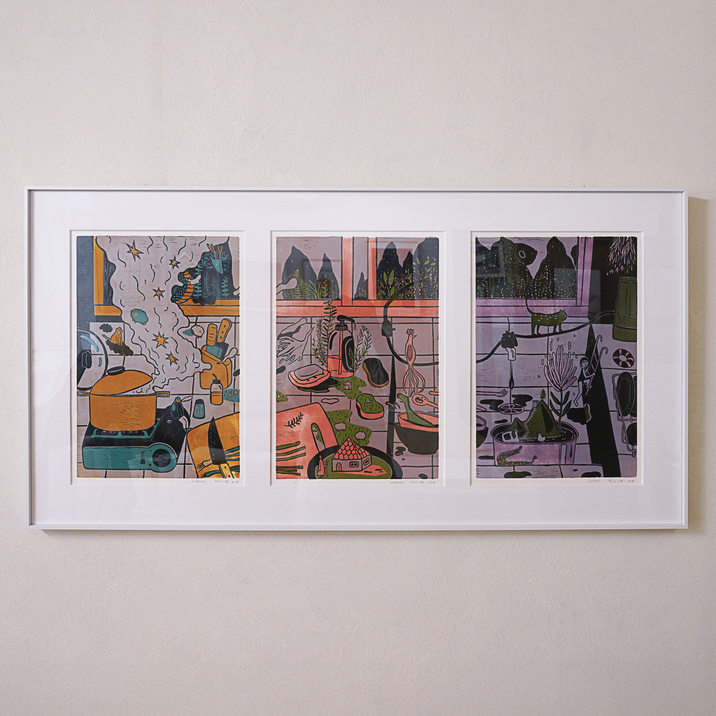 Kitchen Sink (Triptych) by XINs, a horizontal limited-edition artwork featuring figures and characters, in red / orange and multicoloured and blue / purple tones.
