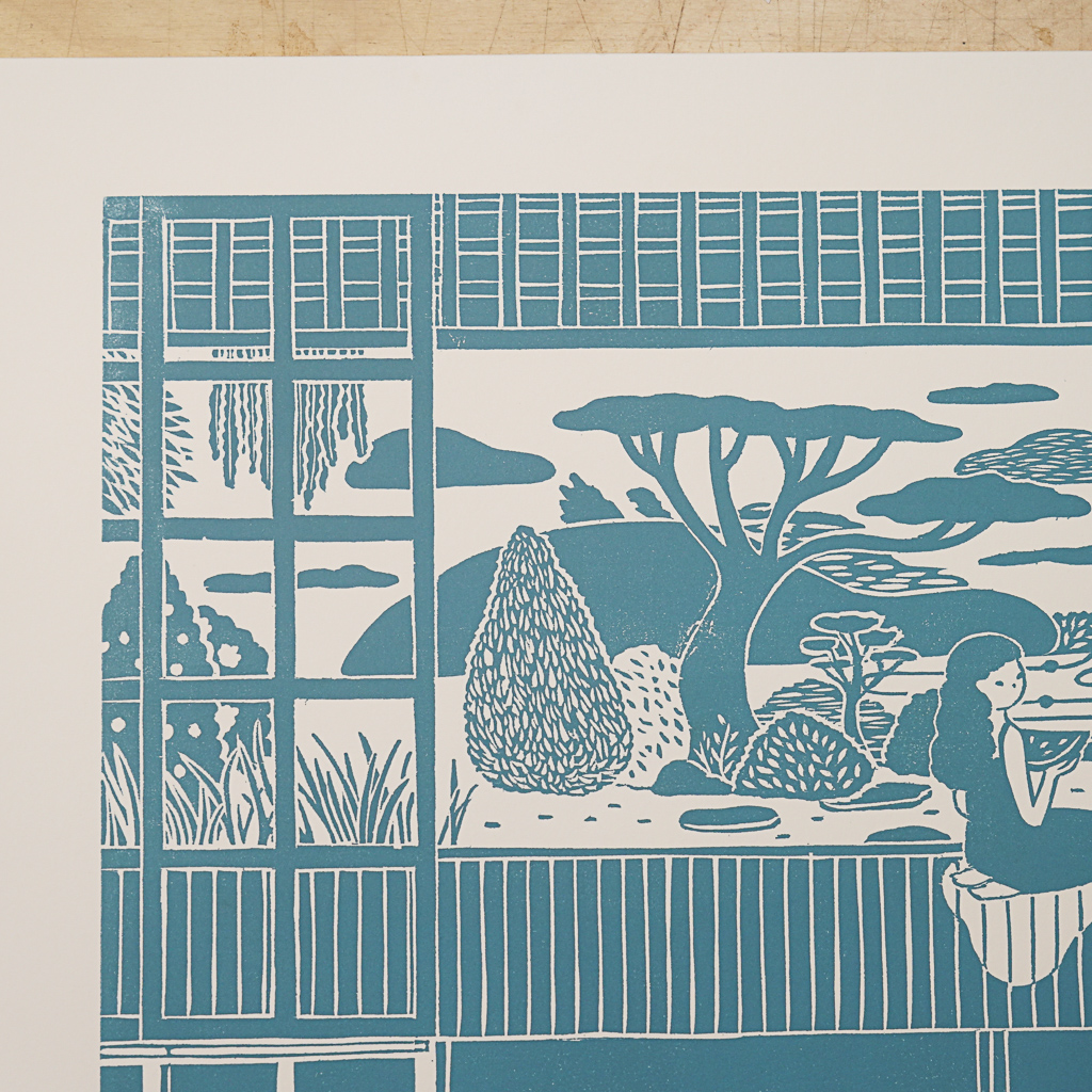 Summer Yard by XINs, a horizontal limited-edition artwork featuring figures and characters, in teal tones.